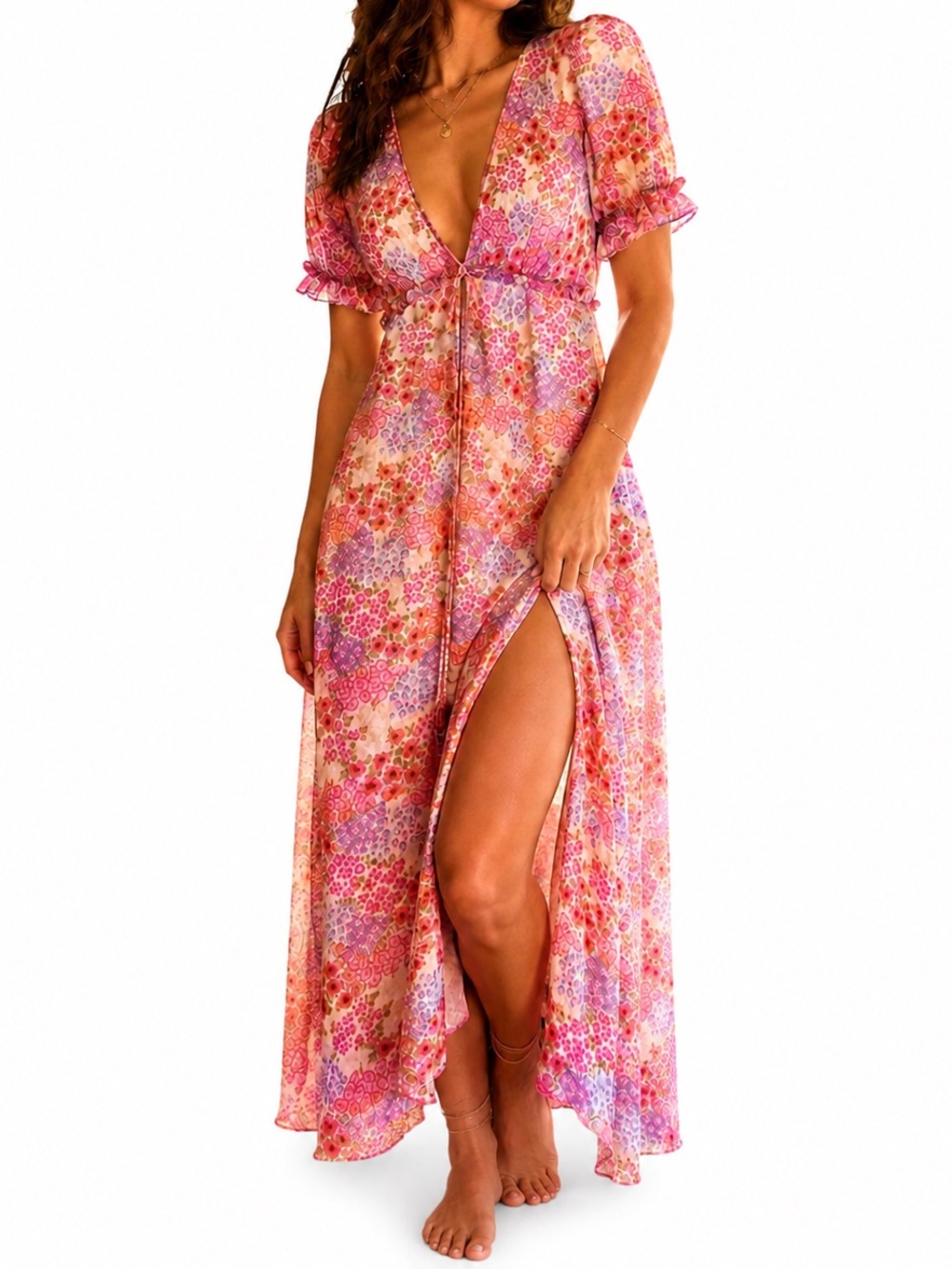 SO Floral Ditsy Maxi Dress XL Romantic Feminine Side Slit Pink Boho Cottagecore